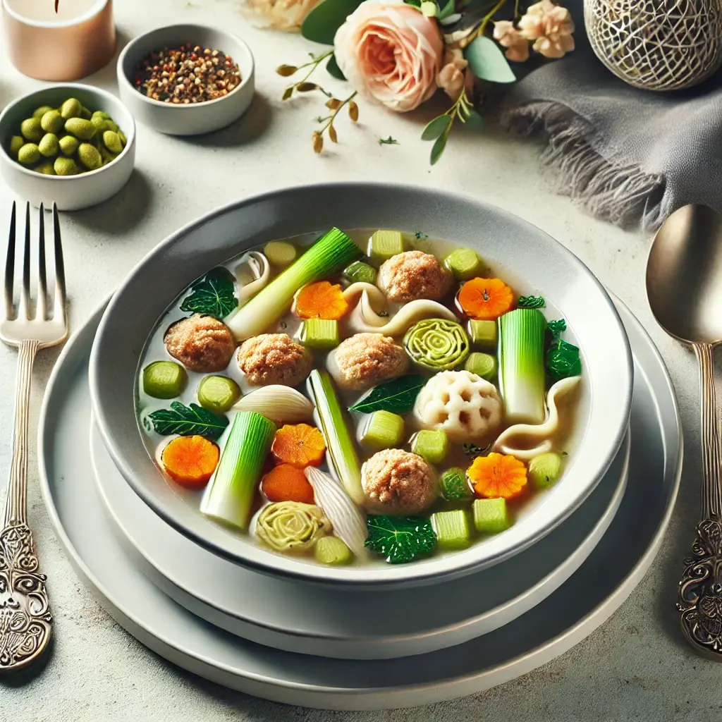 Eine edle Hochzeitssuppe mit feiner Brühe, Gemüsewürfeln und zarten Fleischstückchen, serviert in einem weißen Porzellanteller.