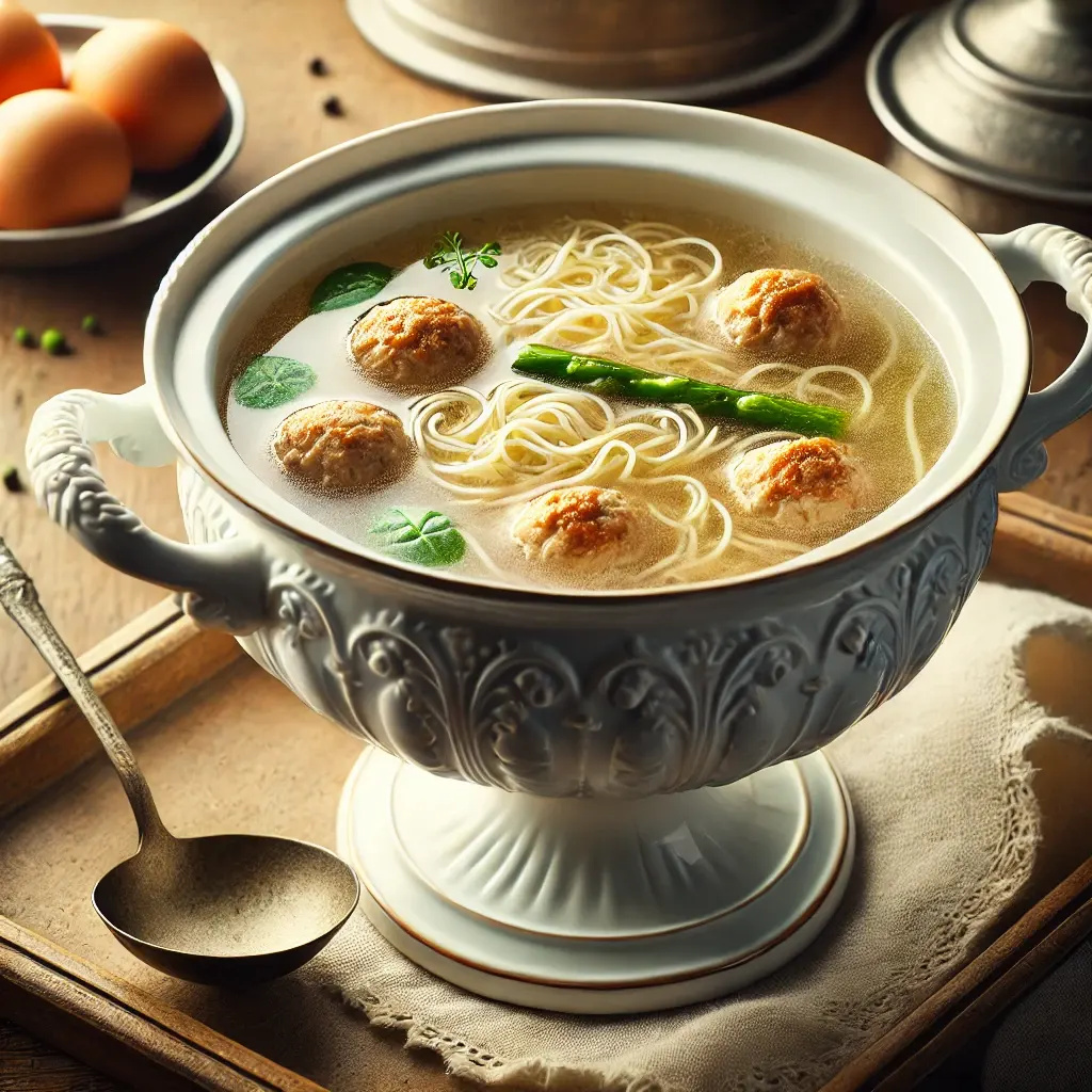 Eine goldgelbe Hochzeitssuppe mit Fadennudeln, kleinen Fleischbällchen und feinem Eierstich in einer Suppenschüssel.