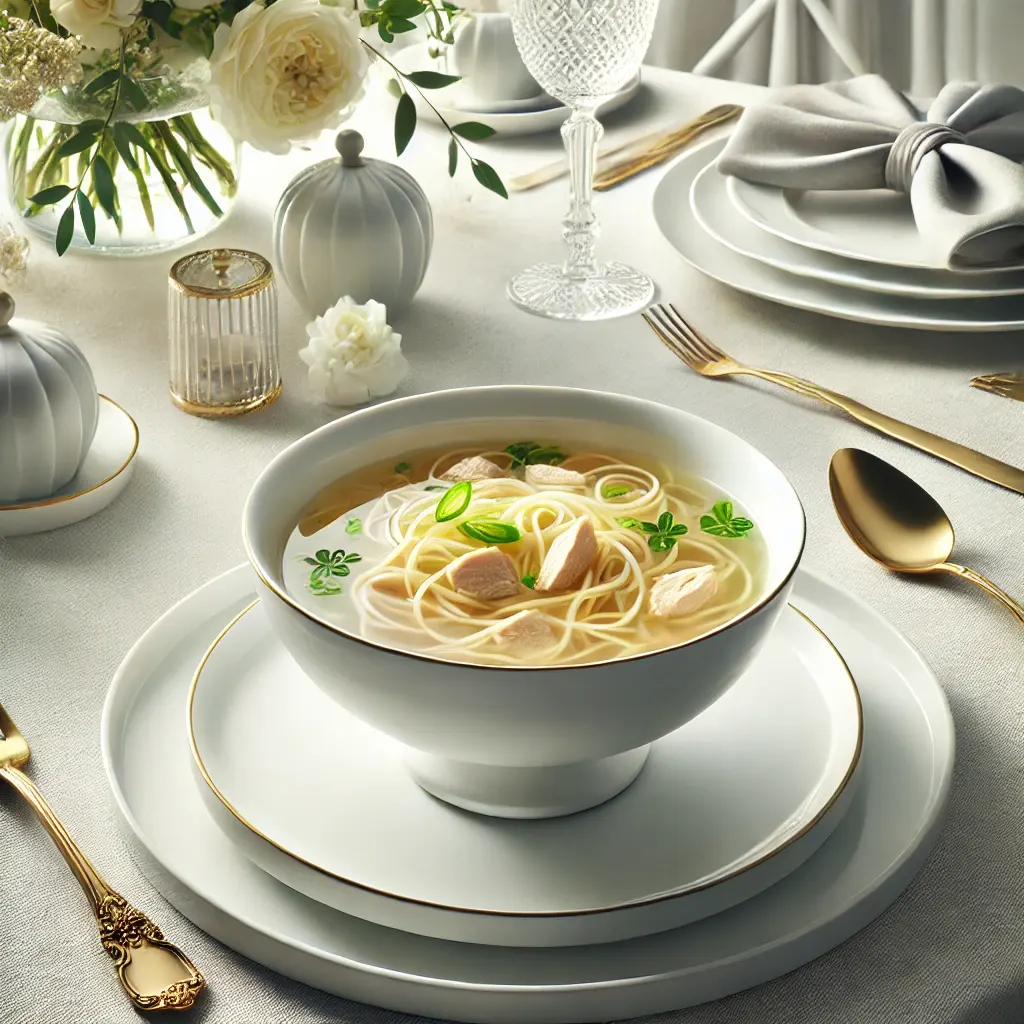 Eine dampfende Hochzeitssuppe mit feinen Nudeln in einer Suppenschale.