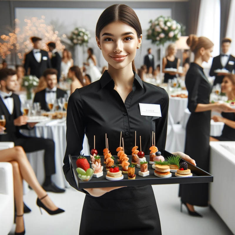 Servicemitarbeiter bieten elegante Mini-Gerichte beim Flying Buffet